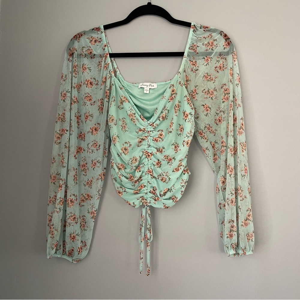 Emory Park Green Floral Blouse Long Sleeve Ruched Detail Size Small